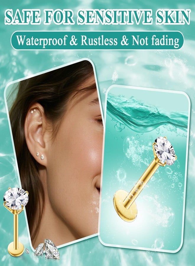 طقم أقراط مرصعة مسطحة الظهر مقاس 16G للنساء والرجال - مجوهرات ثقب الأنف من الفولاذ الجراحي المضاد للحساسية بخيط داخلي - مزودة بأداة التقاط كرة الثقب (ذهبية) - Image 3